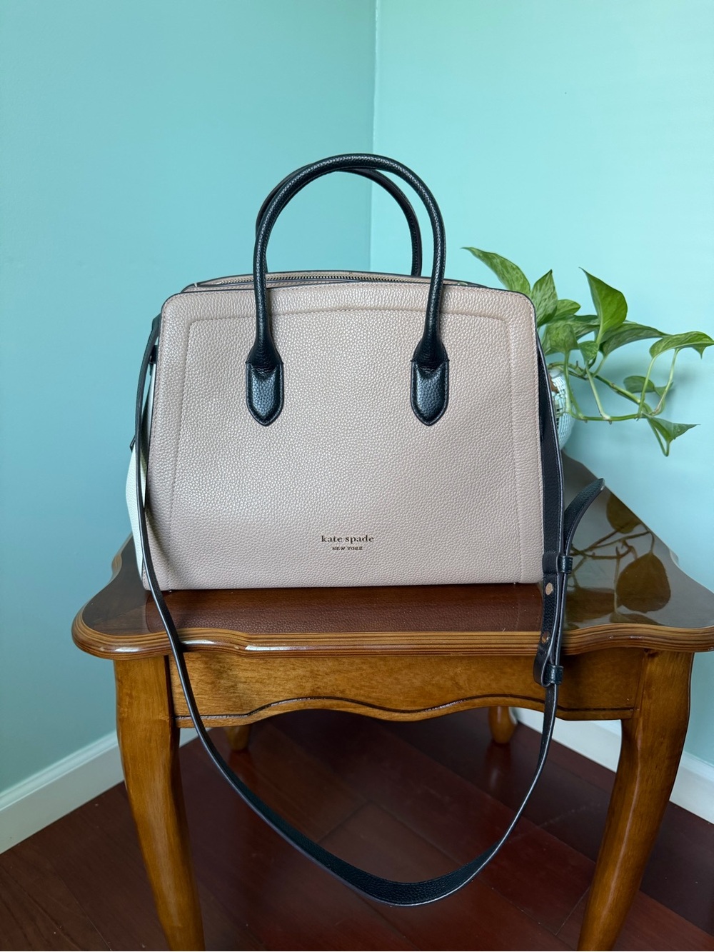 kate spade Two-Tone Pebbled Leather Satchel in Taupe and Black